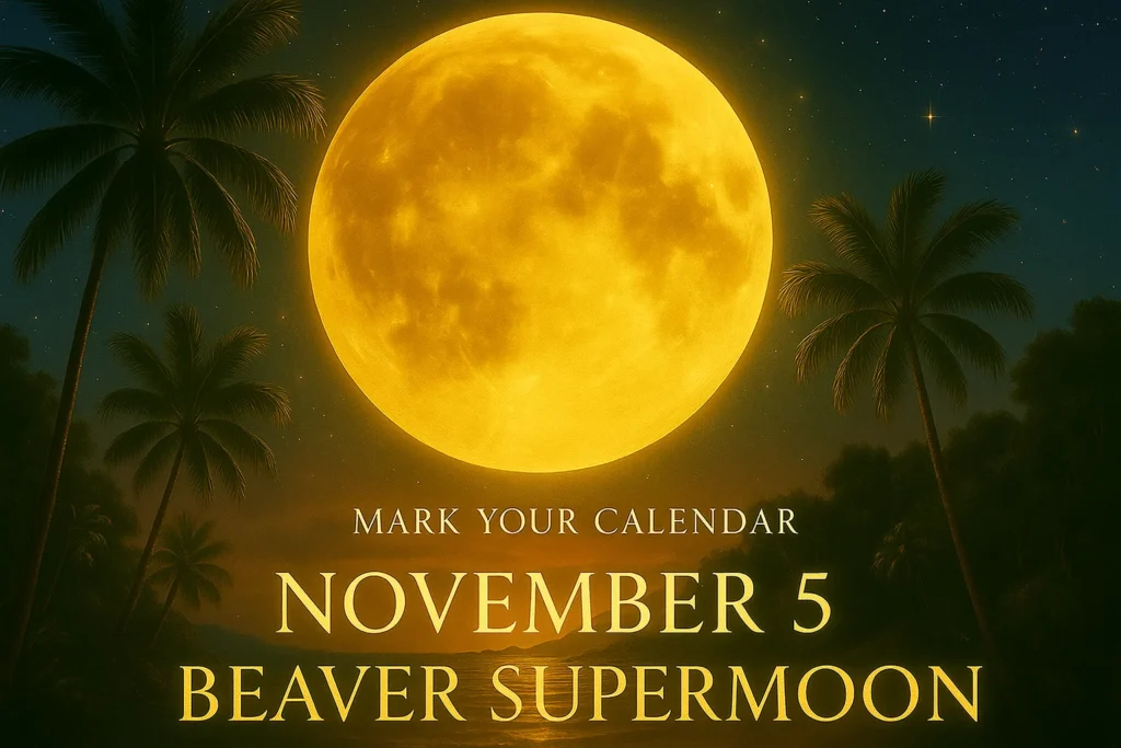 2025 Beaver Supermoon rising over palm trees on November 5