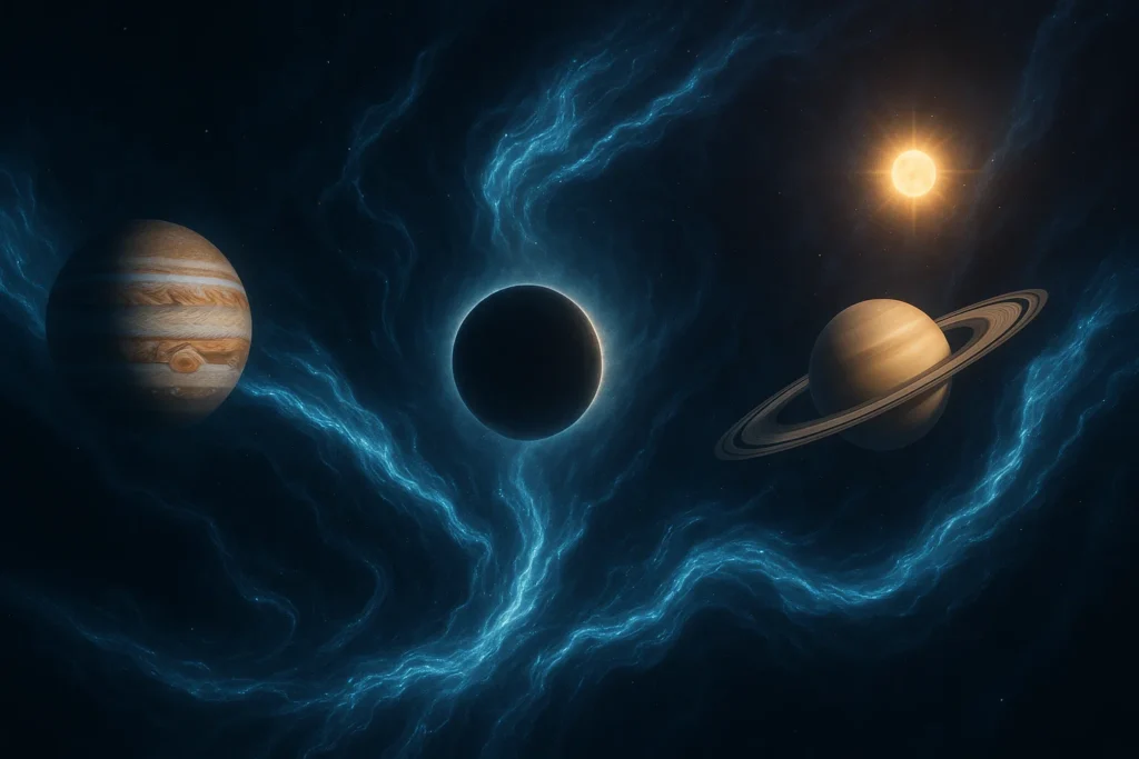 Grand Water Trine illustration showing Jupiter, Saturn, and a dark New Moon connected by flowing cosmic blue energy.