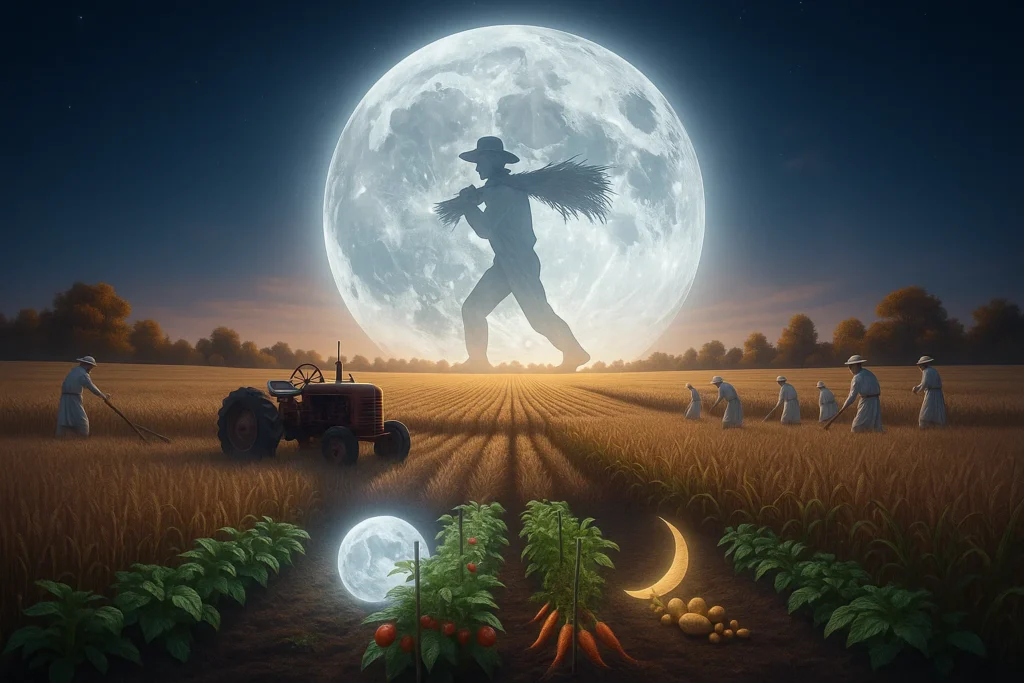 Harvest Moon and Agriculture scene with full moon over golden field