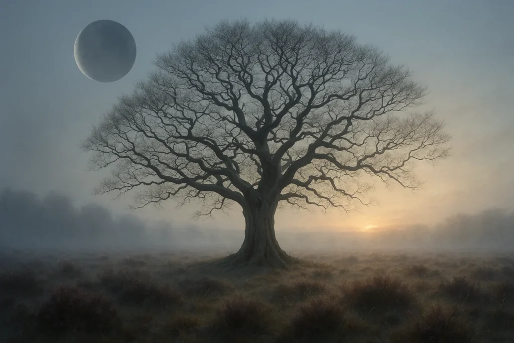 New Moon in Scorpio 2025 rising over a misty field with a lone tree at sunrise