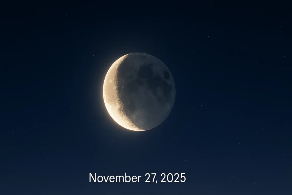 Saturn Direct Thanksgiving 2025 Waxing Crescent Moon showing about 45% illumination in the western evening sky.
