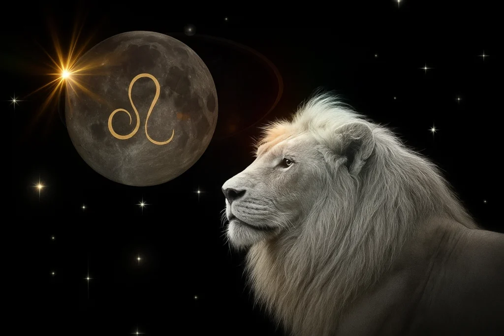 A majestic white lion gazes at the moon with the Leo symbol glowing on its surface, representing the power and reflection of the Waning Gibbous Moon in Leo.