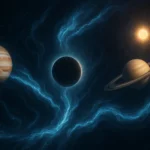 Grand Water Trine illustration showing Jupiter, Saturn, and a dark New Moon connected by flowing cosmic blue energy.