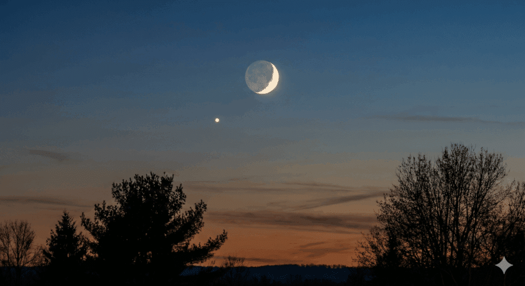 A waxing crescent moon and the planet Saturn appearing close together during the Moon and Saturn Conjunction in the evening sky over silhouetted trees.