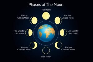Diagram showing the phases of the Moon, including the January 2026 new moon and full lunar cycle around Earth