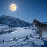 January Full Wolf Moon spiritual meaning with wolf under a winter full moon