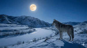 January Full Wolf Moon spiritual meaning with wolf under a winter full moon