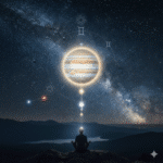 Jupiter Opposition on January 10, 2026 showing the Earth aligned between the Sun and Jupiter above a meditating figure under the night sky