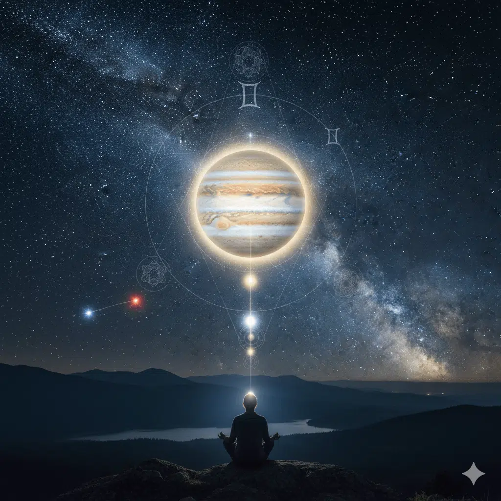 Jupiter Opposition on January 10, 2026 showing the Earth aligned between the Sun and Jupiter above a meditating figure under the night sky