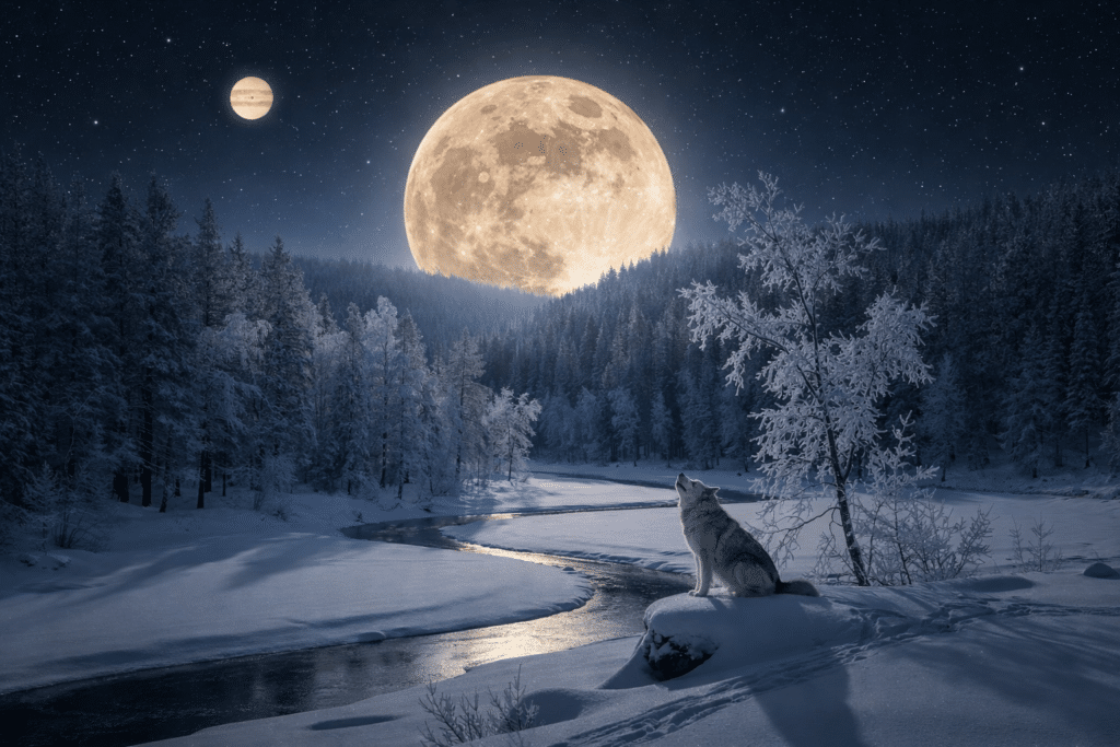 A large 2026 Cold Moon supermoon rising over a snowy forest with a wolf howling by a river and Jupiter visible in the night sky.