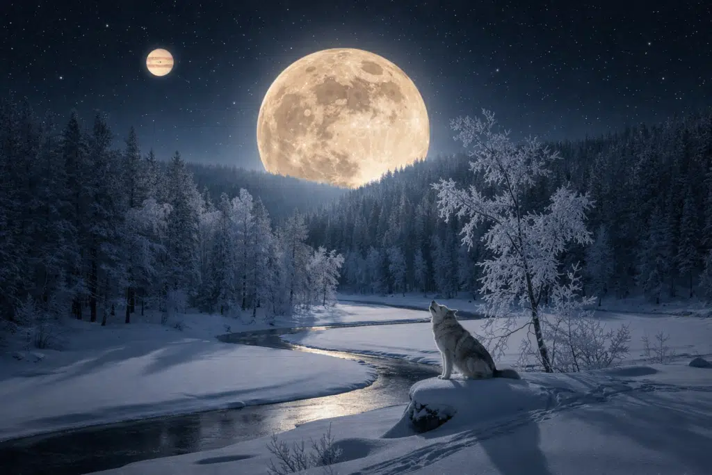 A large 2026 Cold Moon supermoon rising over a snowy forest with a wolf howling by a river and Jupiter visible in the night sky.
