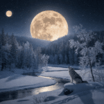 A large 2026 Cold Moon supermoon rising over a snowy forest with a wolf howling by a river and Jupiter visible in the night sky.