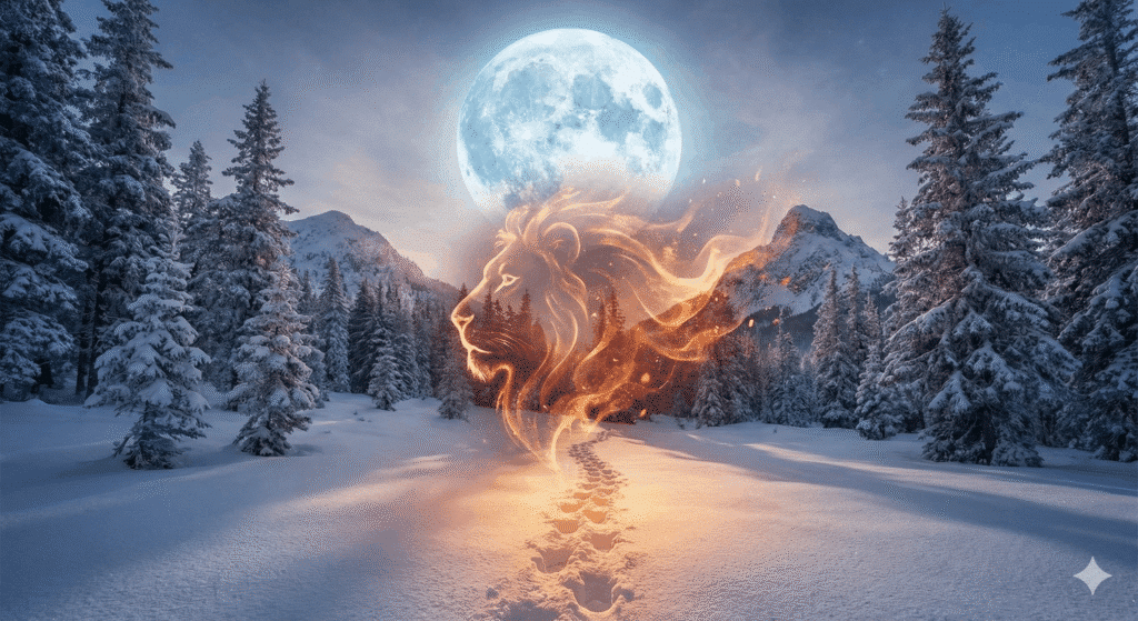 A snowy winter landscape under a bright full moon, featuring a translucent, fiery lion profile merging with a snowy path to symbolize the 2026 Snow Moon in Leo.