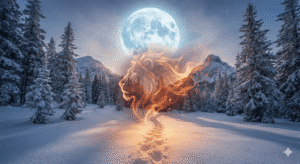 A snowy winter landscape under a bright full moon, featuring a translucent, fiery lion profile merging with a snowy path to symbolize the 2026 Snow Moon in Leo.