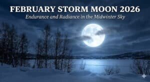 February Storm Moon 2026 header image featuring a bright full moon over a frozen lake and snowy trees, with text reading: Endurance and Radiance in the Midwinter Sky.