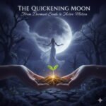 A glowing sprout held in hands under a large full moon in a winter landscape, representing the Quickening Moon and spiritual growth.
