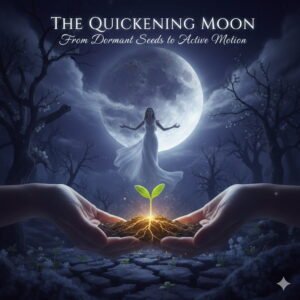 A glowing sprout held in hands under a large full moon in a winter landscape, representing the Quickening Moon and spiritual growth.